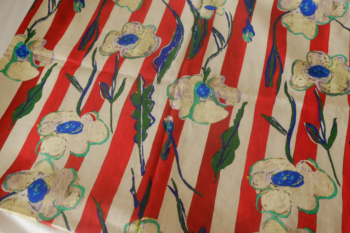 Red Stripe Painterly Floral Linen Cotton – 2.2 yd / 1.6 yd
