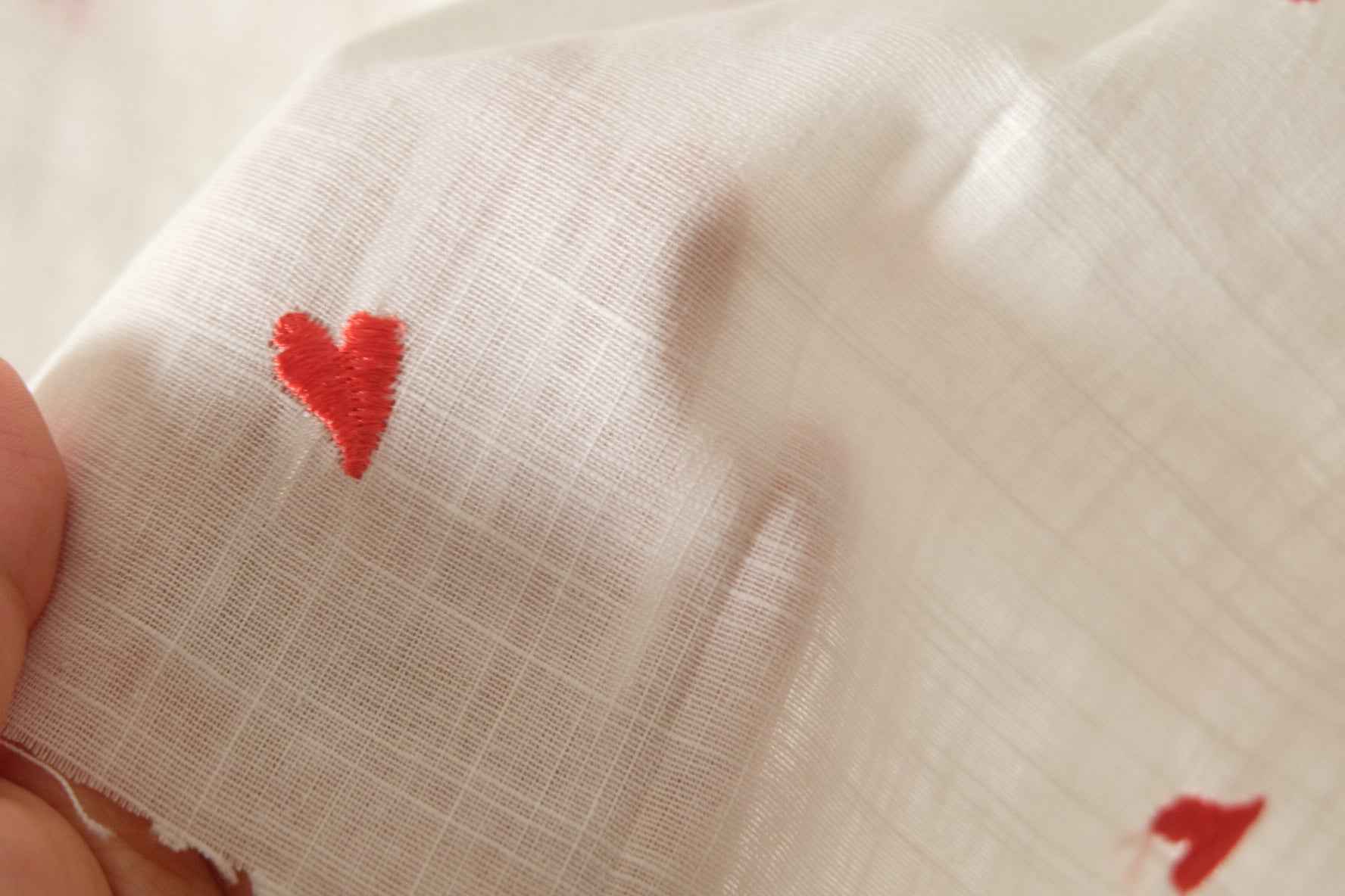 Embroidered Red Heart Slub Cotton Linen Fabric – 2.2 Yards