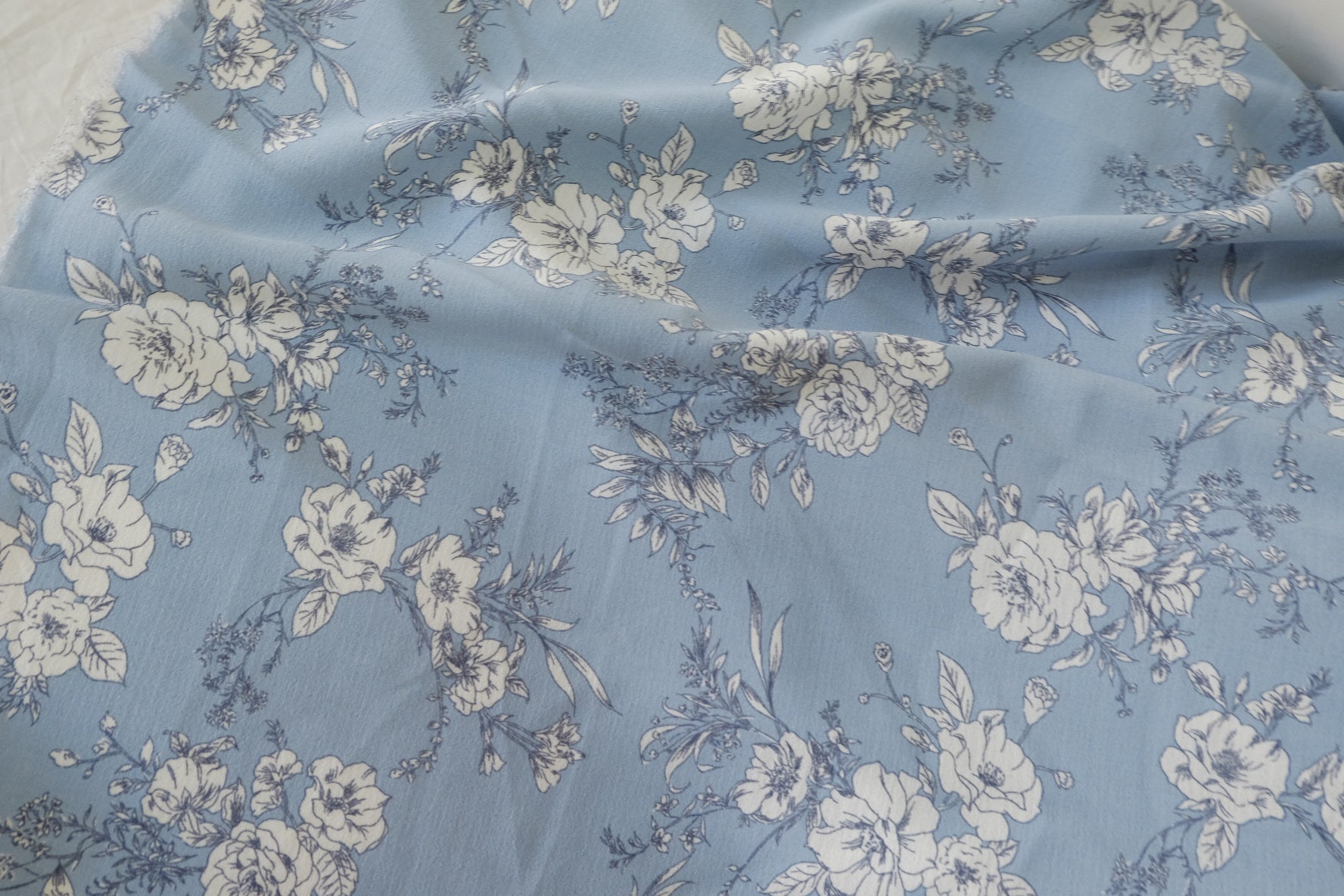 Blue Sketch Floral Viscose Rayon Fabric – 3.3 yd