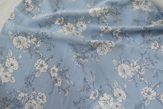 Blue Sketch Floral Viscose Rayon Fabric – 3.3 yd