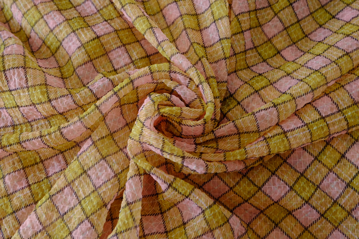 Retro Pink & Mustard Checked Crinkle Chiffon – 2.19 yd