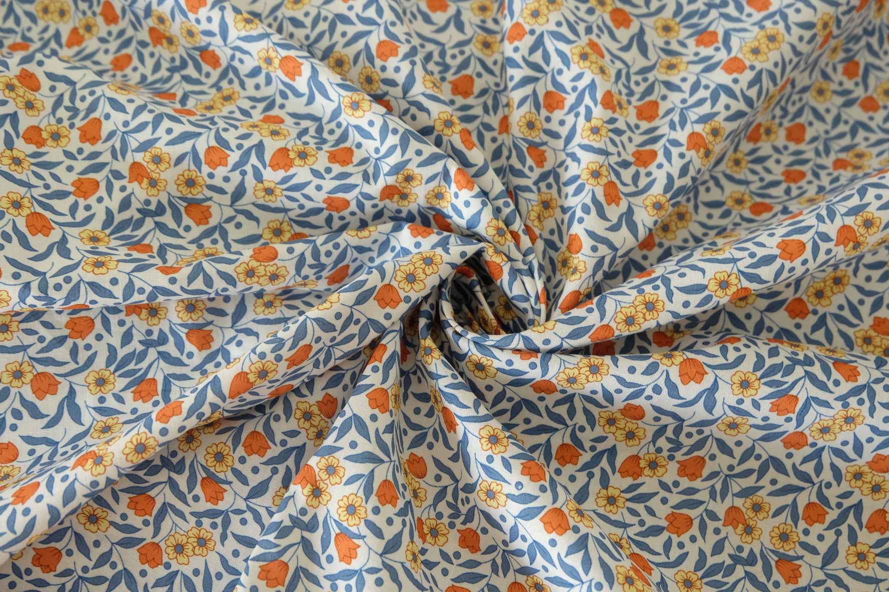 Cotton Poplin Floral Fabric – Blue Leaf & Orange Floral Print-1.9 yds