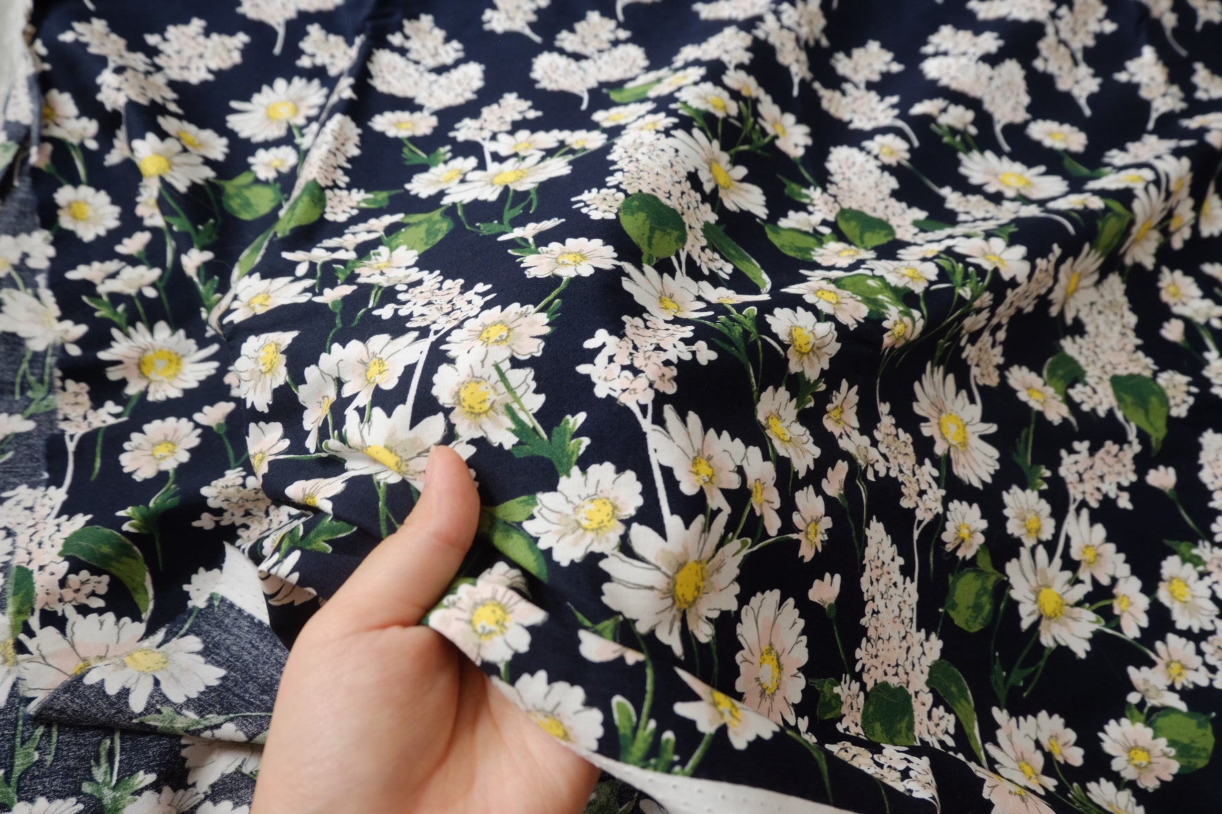 Navy Daisy Border Print Cotton Poplin Fabric - 2.19 yd