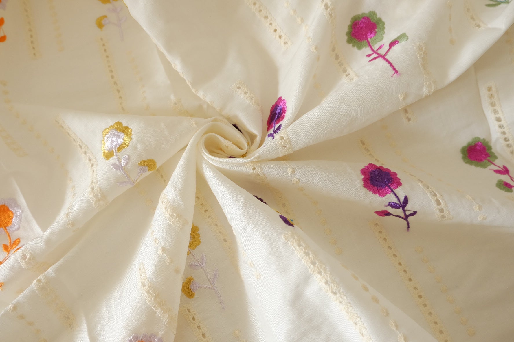 Embroidered Cotton Linen Fabric – Cream Ground with Colorful Floral Motifs – 1.6 yd