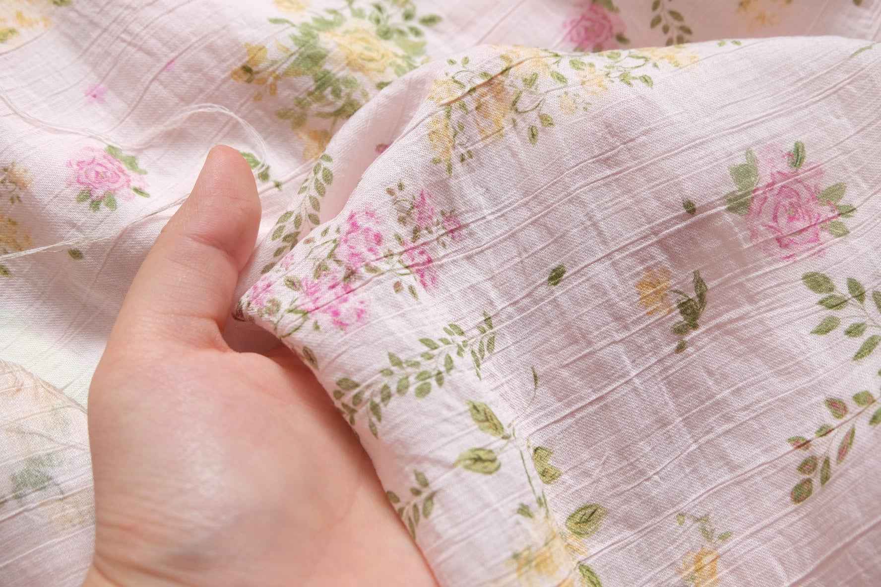 Soft Pink Garden Tencel Cotton Fabric, Airy Floral Summer Weight, 3.28 Yards