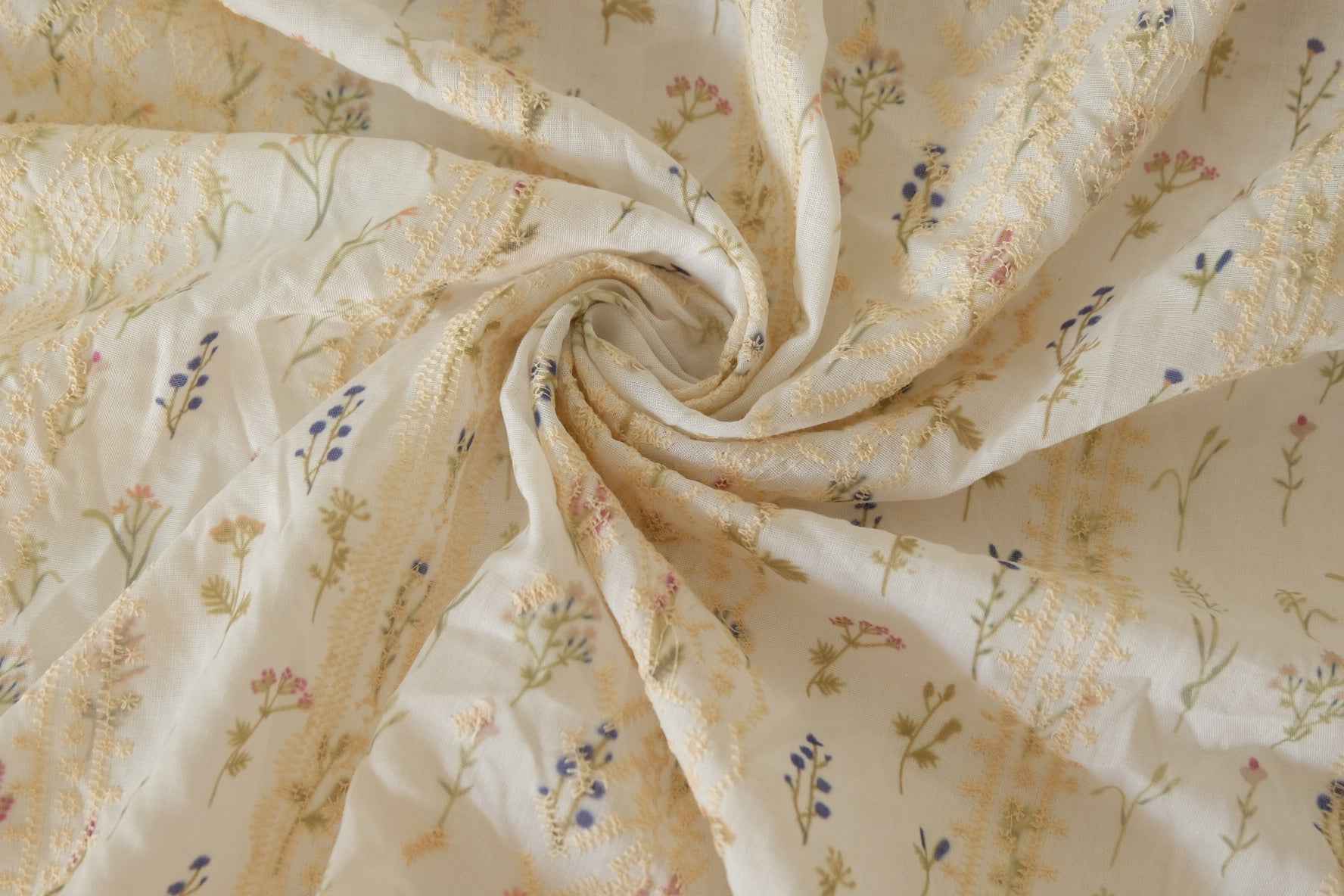Floral Embroidered Cotton Linen Fabric – Cream with Lace Stripe Detail – 2.2 yd
