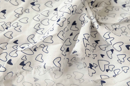 White Heart Print Cotton Fabric, Soft Lightweight Dress Weight, 2.19 Yards