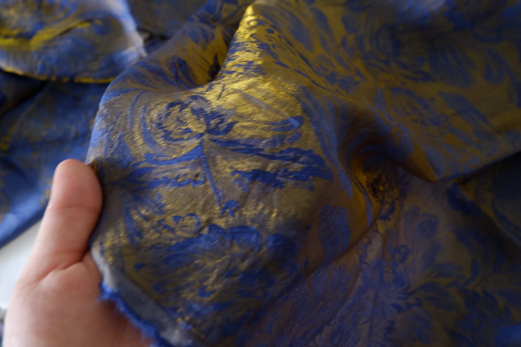 Blue Gold Iridescent Jacquard Satin Fashion Fabric – 2.5 yd