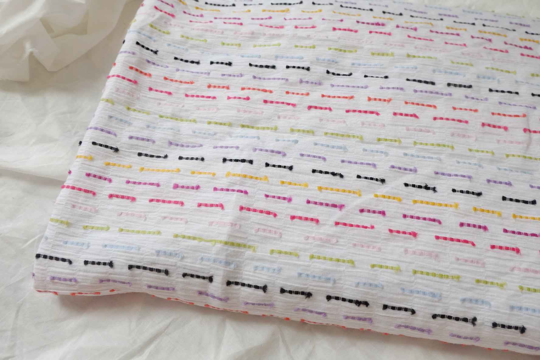 Crinkled Cotton Clip Dot Fabric with Multicolor Embroidery, Soft Opaque Summer Blouse Fabric, 2.19 Yards