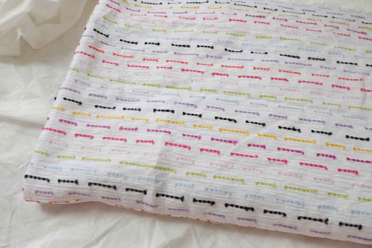 Crinkled Cotton Clip Dot Fabric with Multicolor Embroidery, Soft Opaque Summer Blouse Fabric, 2.19 Yards