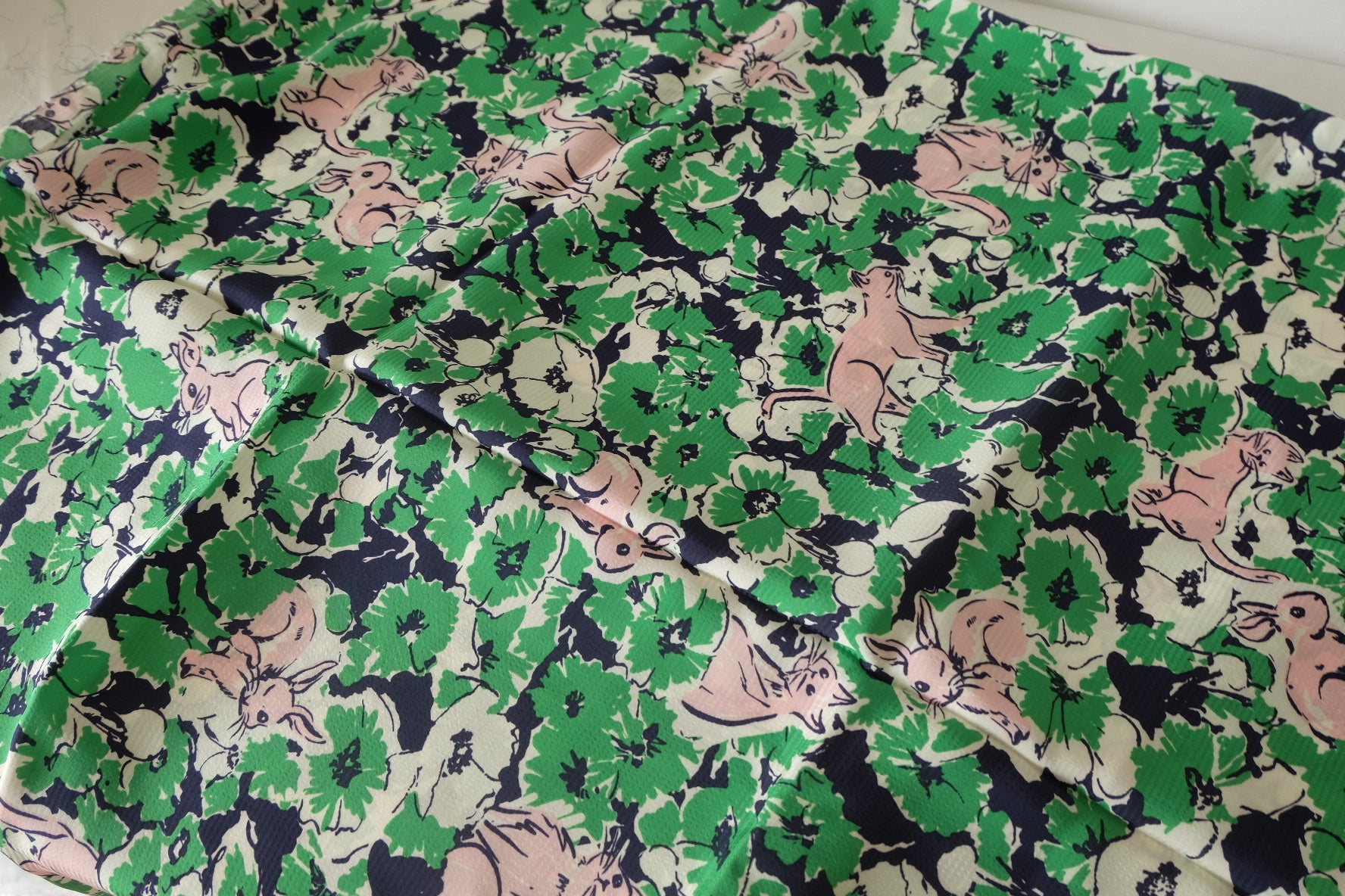 Green Rabbit & Floral Textured Cupro Fabric – 1.64 yd