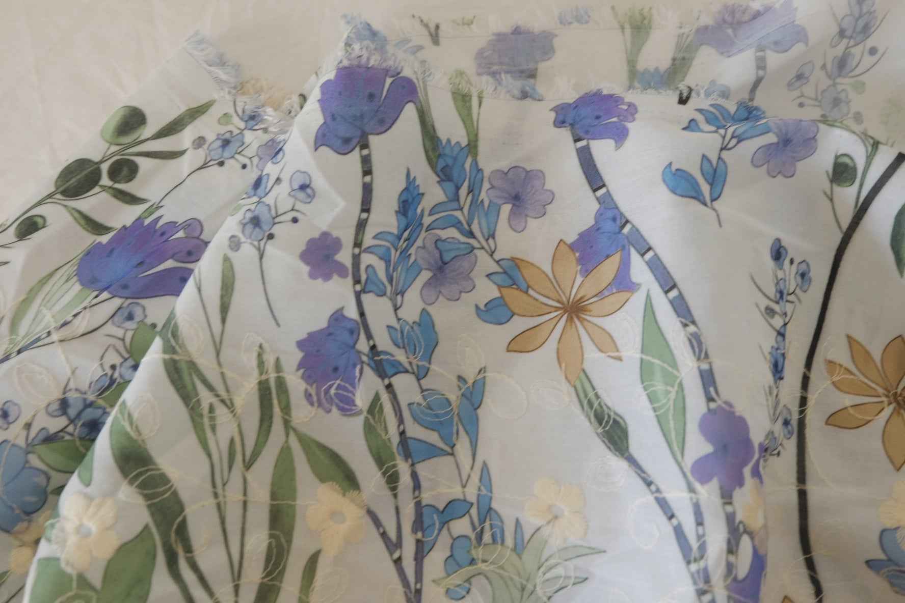 Blue Floral Embroidered Cotton Blend Fabric – 2.7 yd