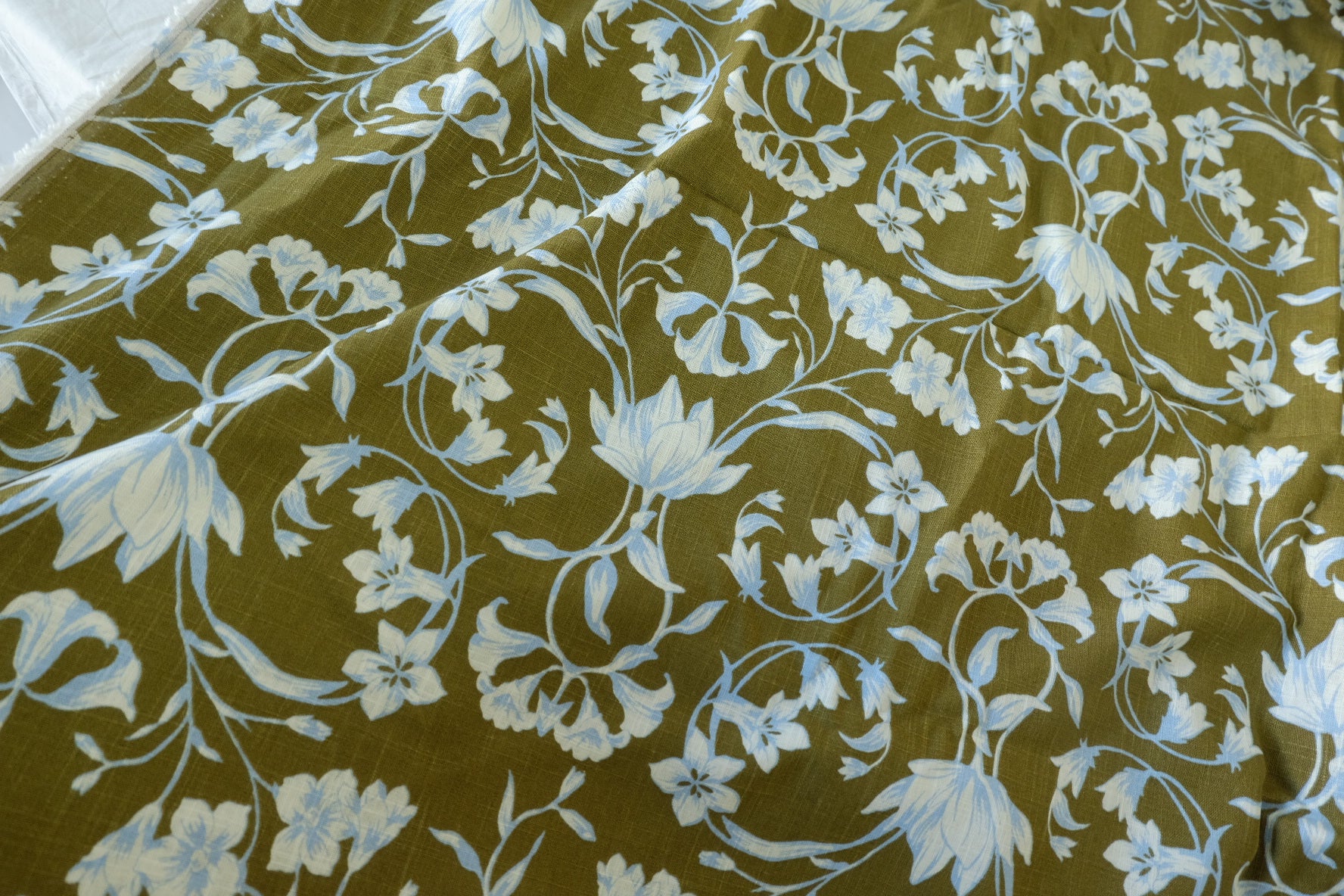 Olive Blue Floral Cotton Linen Blend Fabric – 1.6 yd