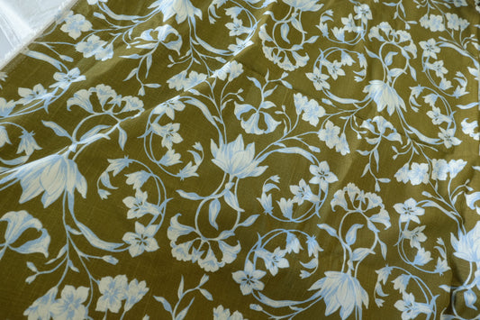 Olive Blue Floral Cotton Linen Blend Fabric – 1.6 yd