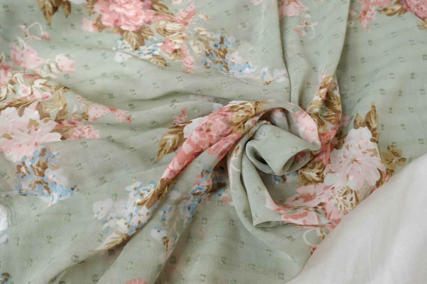 Sage Green Floral Dobby Chiffon Fabric, Sheer Lightweight Summer Dress Weight, 2.19 Yards