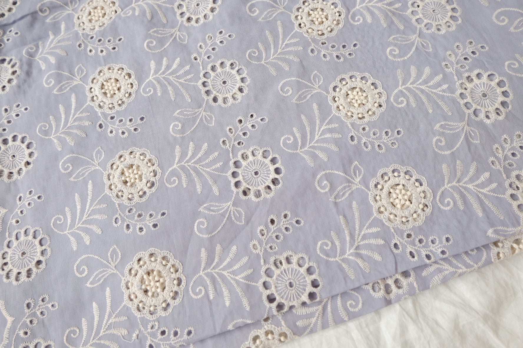Blue Embroidered Eyelet Cotton Blend with Scalloped Edge, 2.19 Yards