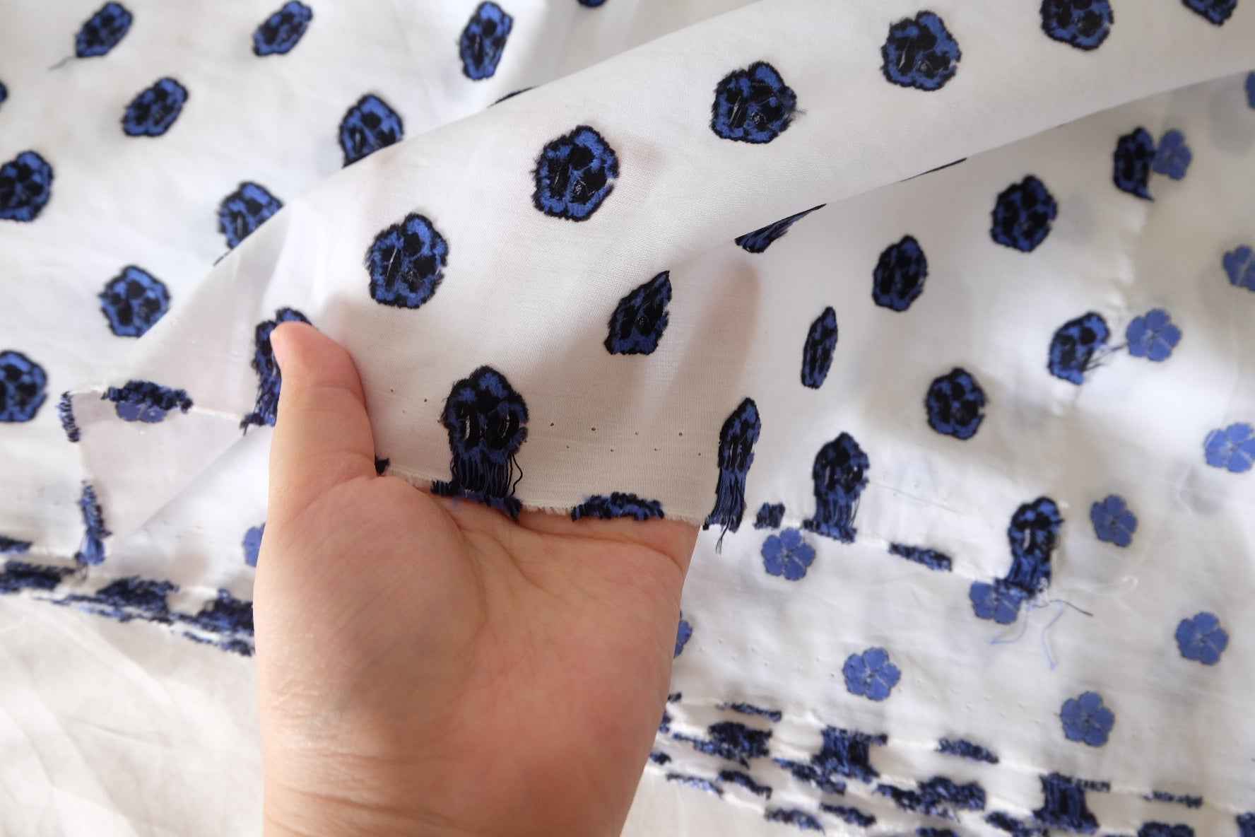 Blue Embroidered Floral Cotton Fabric – 1.6 Yards