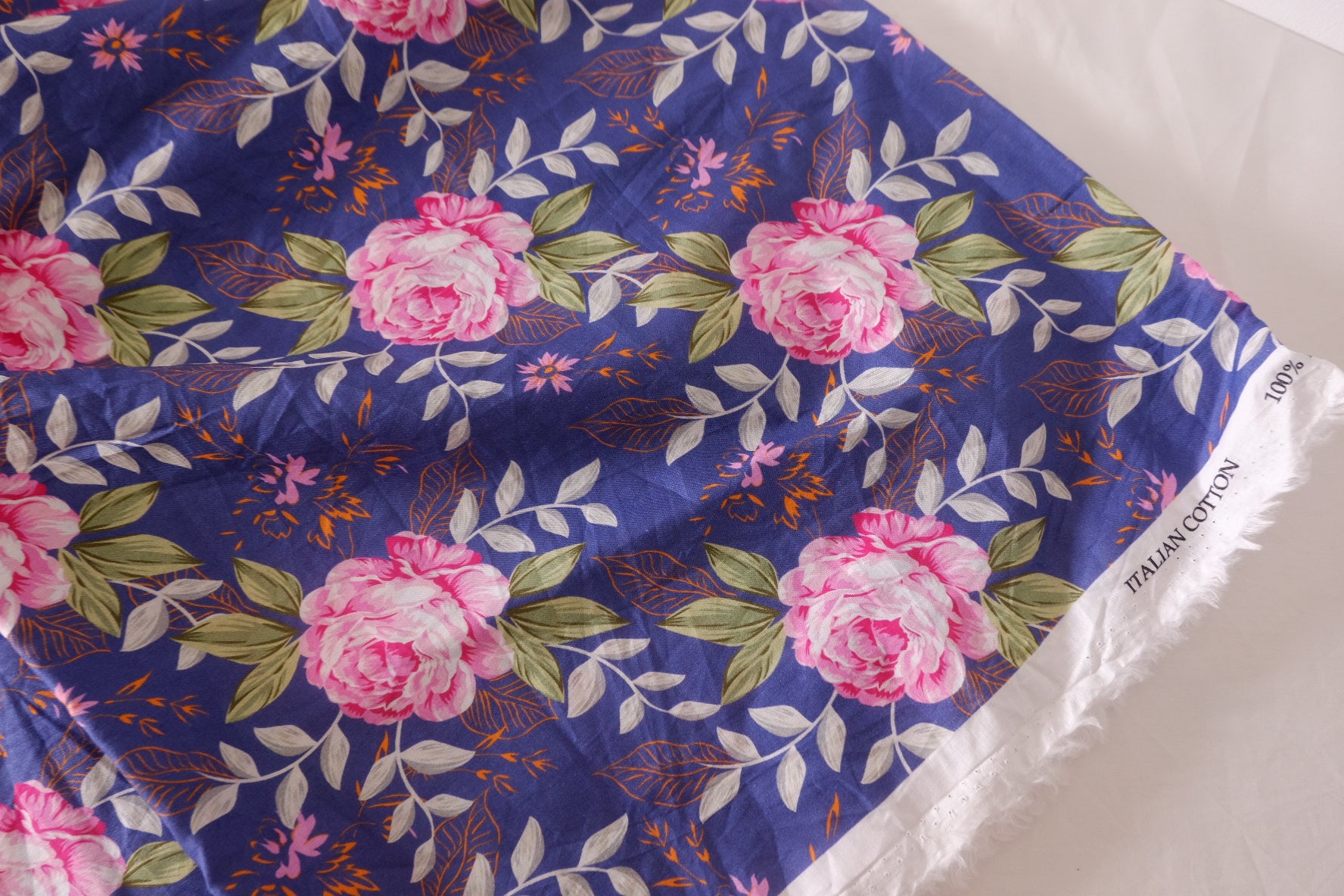Indigo Pink Rose Cotton Lawn Fabric – 5.1 yd