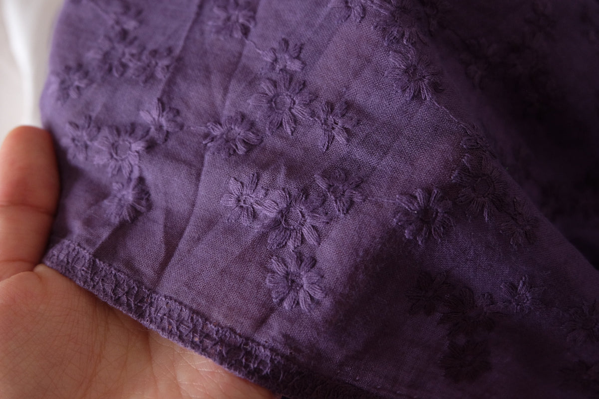 Dusky Violet Daisy – Embroidered Cotton Fabric – 2.2 yd
