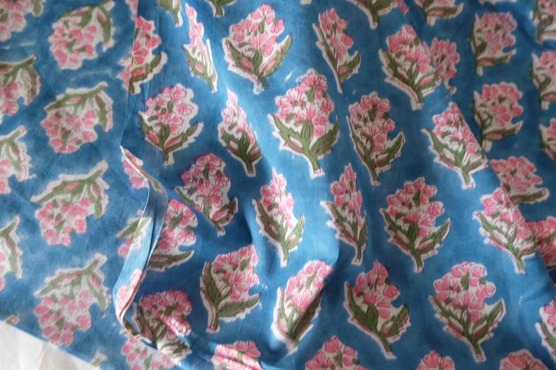 Indian Hand Block Printed Cotton Fabric – Pink Floral Motif on Blue – Sold by the Meter