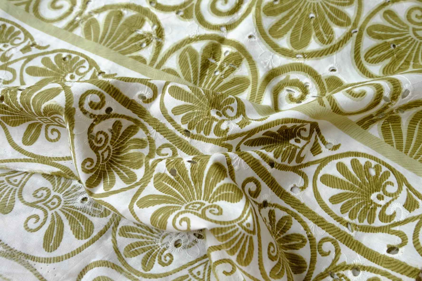 Olive Scrollwork Cotton Eyelet Embroidery Fabric - 1.53 Yards