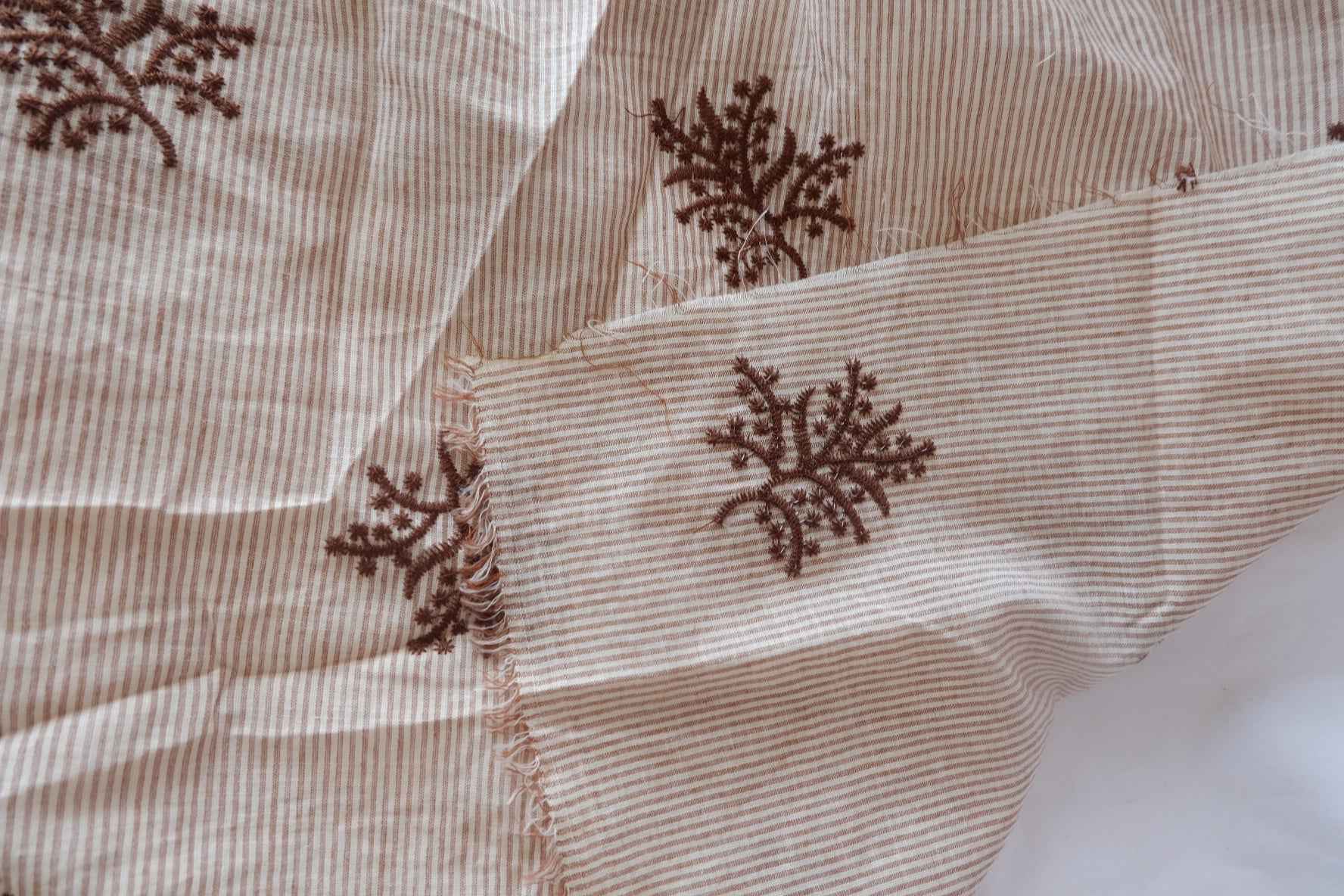 Brown Embroidered Stripe Cotton-Linen Fabric - 1.59 yd