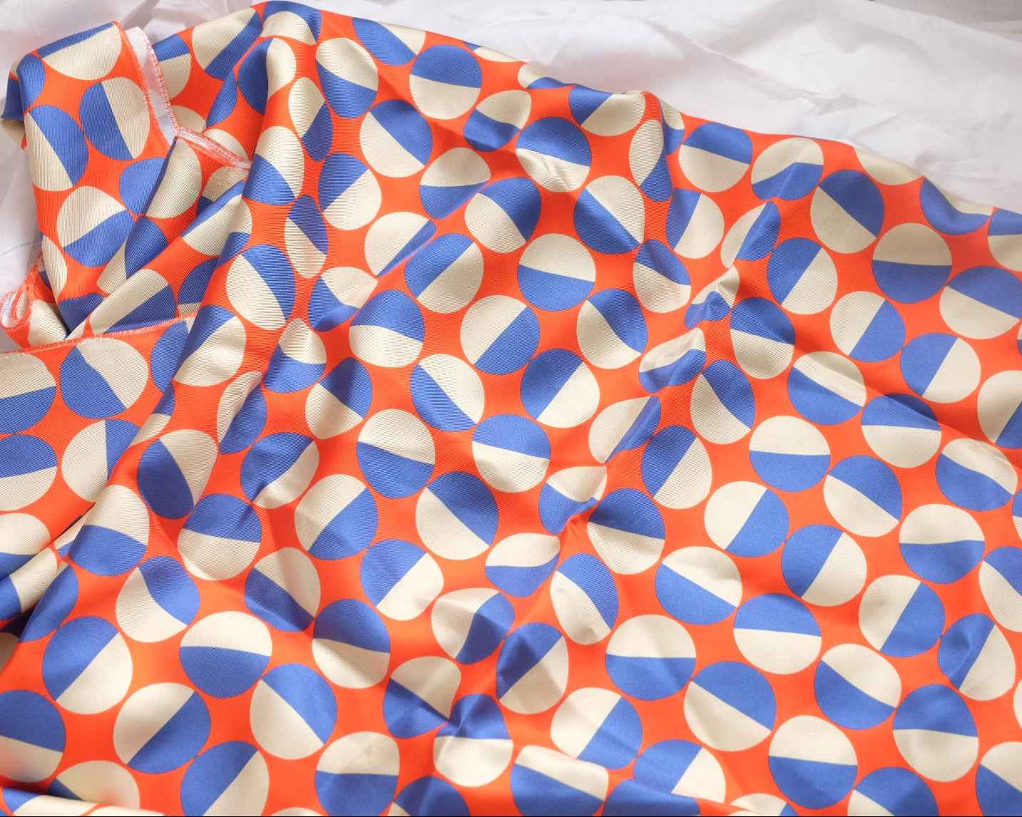 Graphic Orange Blue Silk Twill Crepe Fabric, Crisp Structured Weight, 2.21 Yards