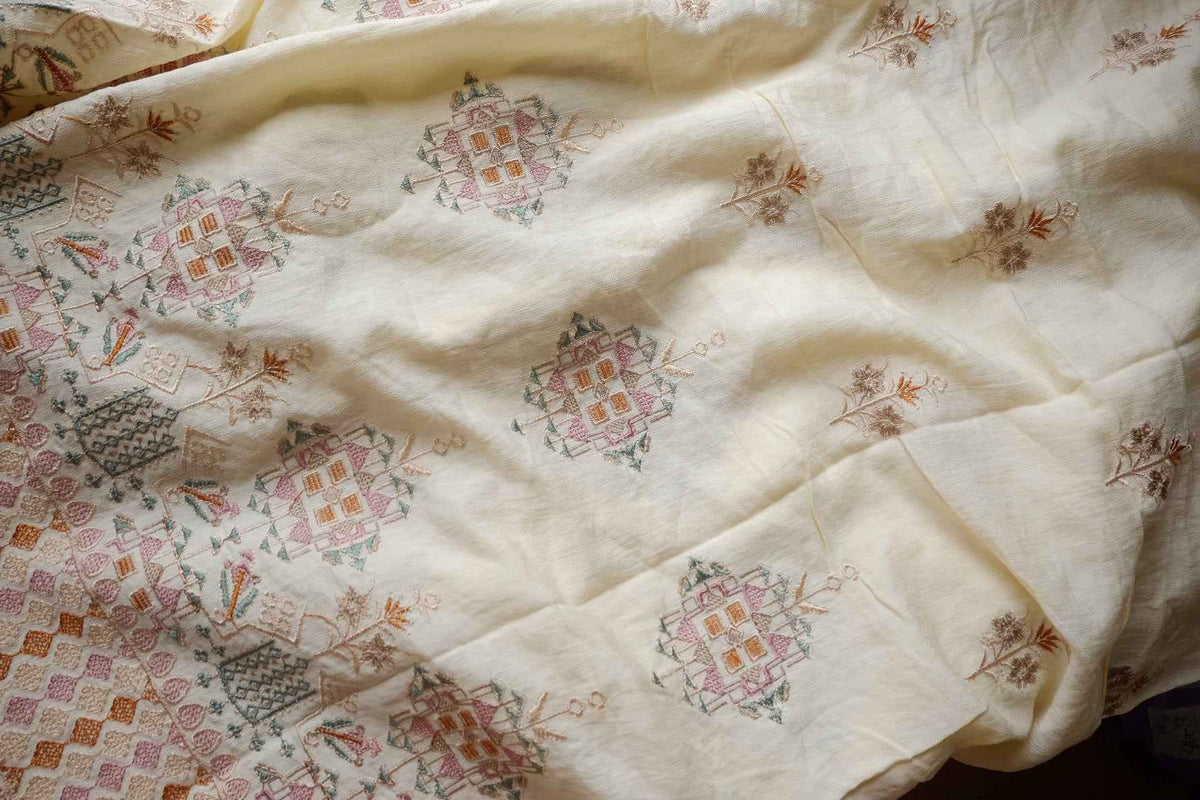 Ivory Heavy Border Embroidered Tencel Nylon — 2.5 yd