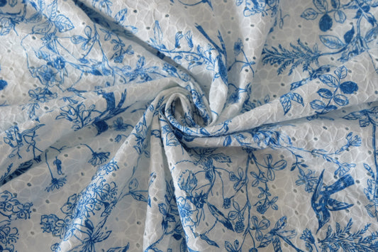 Blue Floral Bird Cotton Eyelet Fabric – 2.6 yd