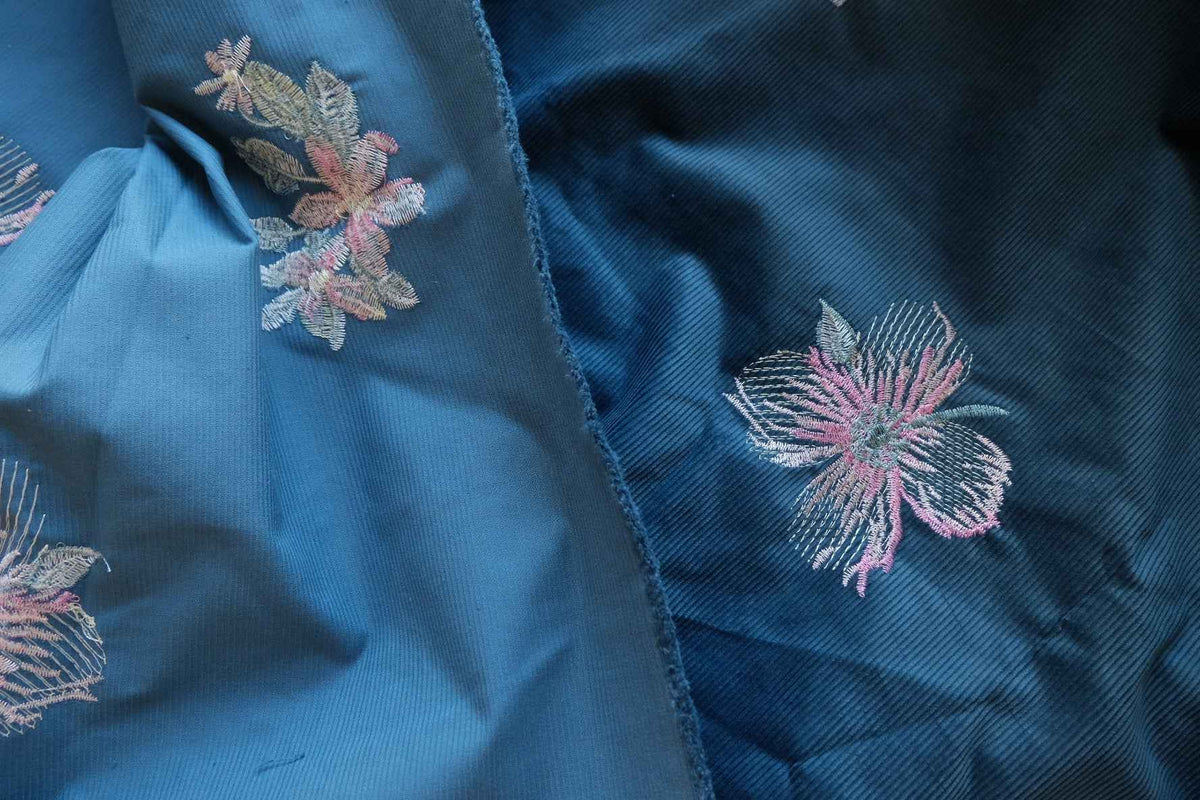 Midnight Teal Floral Embroidered Cotton Corduroy Fabric