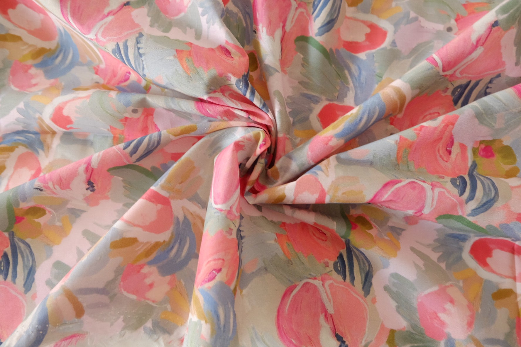 Coral Rose Painted Bouquet Cotton Lawn Fabric – 3.83 yd Piece