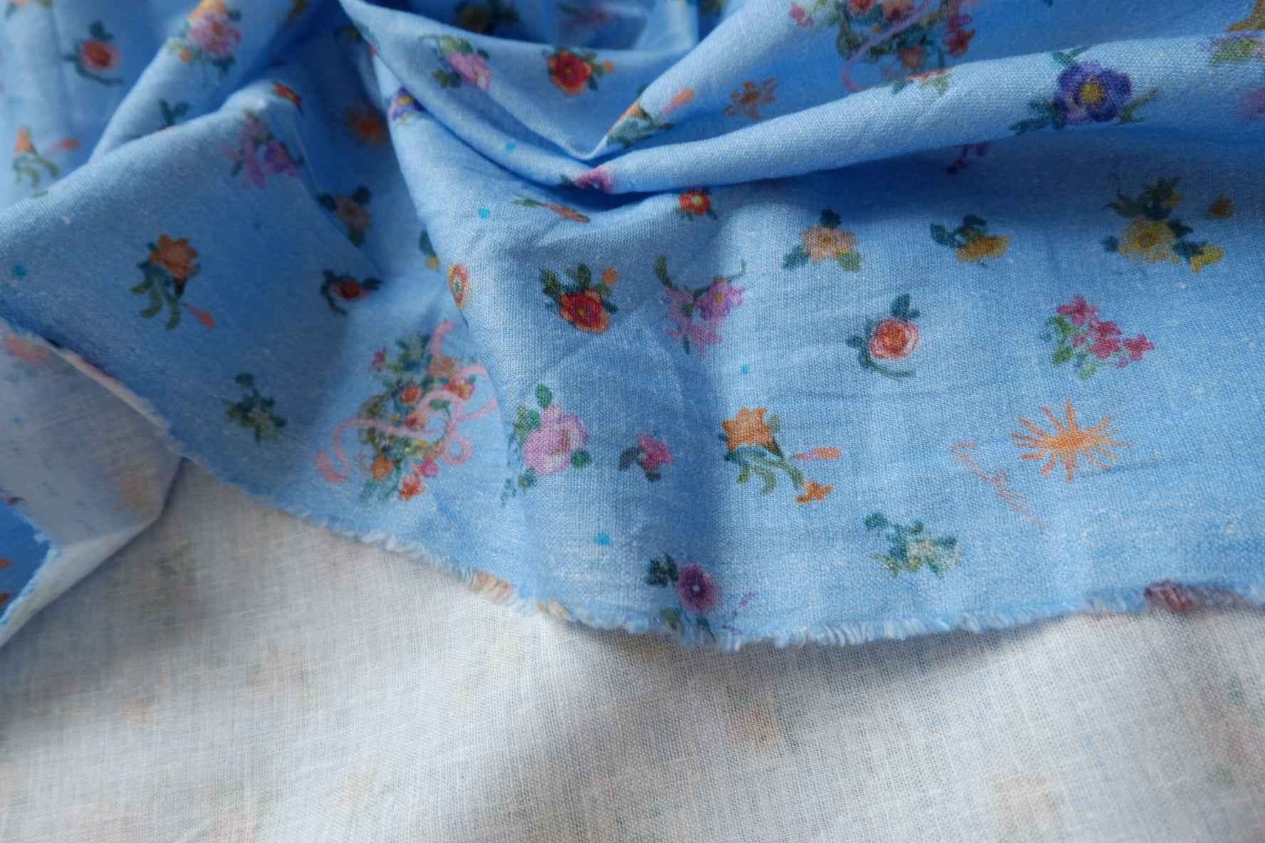 Soft Blue Floral Linen Cotton Fabric, Lightweight and Airy for Dresses and Blouses, 3.28 Yards