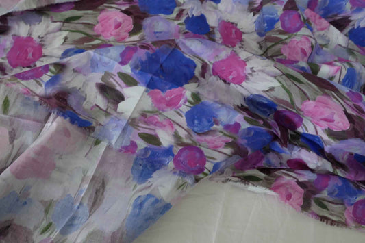 Blue Pink Painterly Floral Cotton Poplin Fabric - 3.3 yd