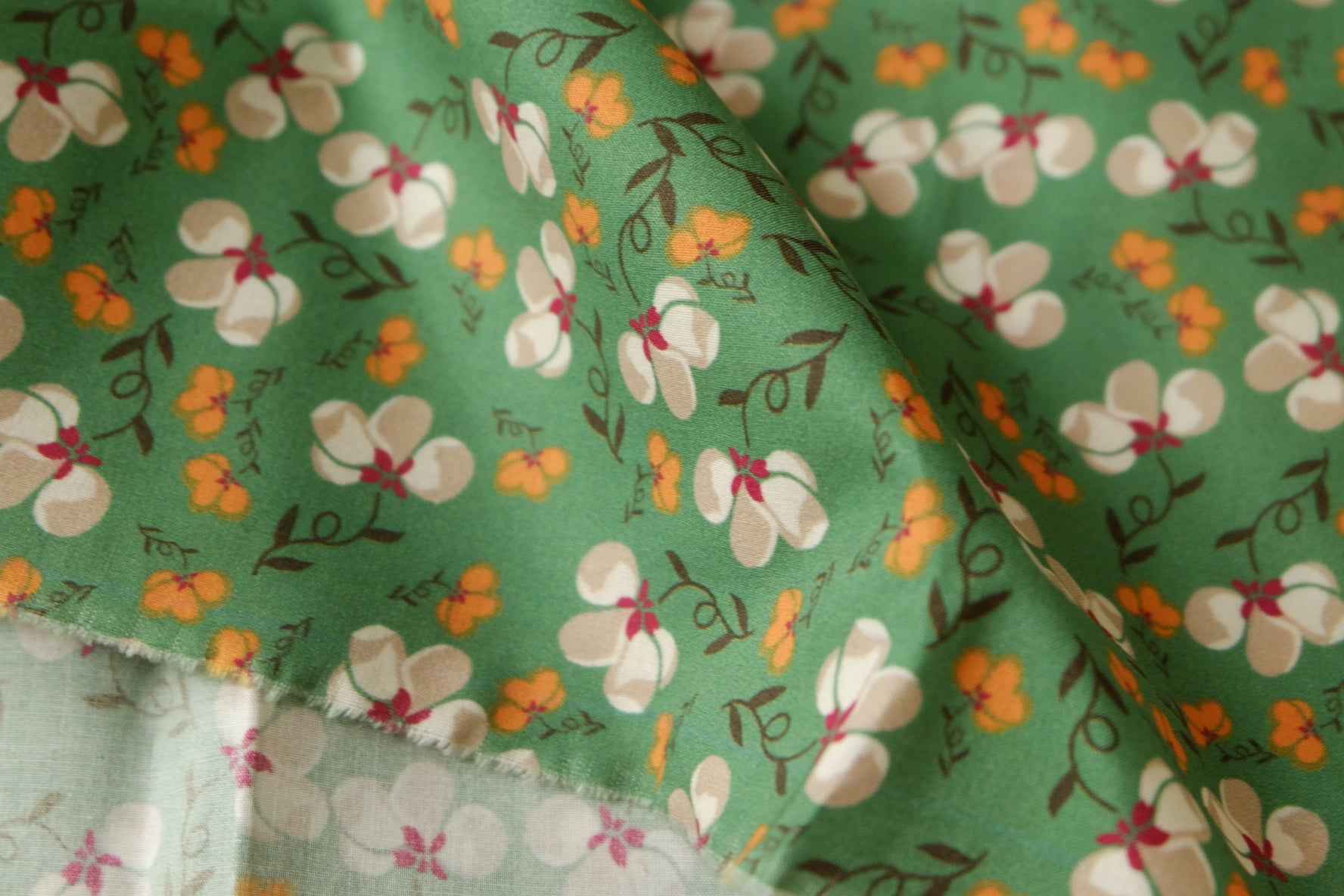 Meadow Green Floral Cotton Poplin Fabric, Crisp Lightweight Shirting Weight, 1.97 Yards