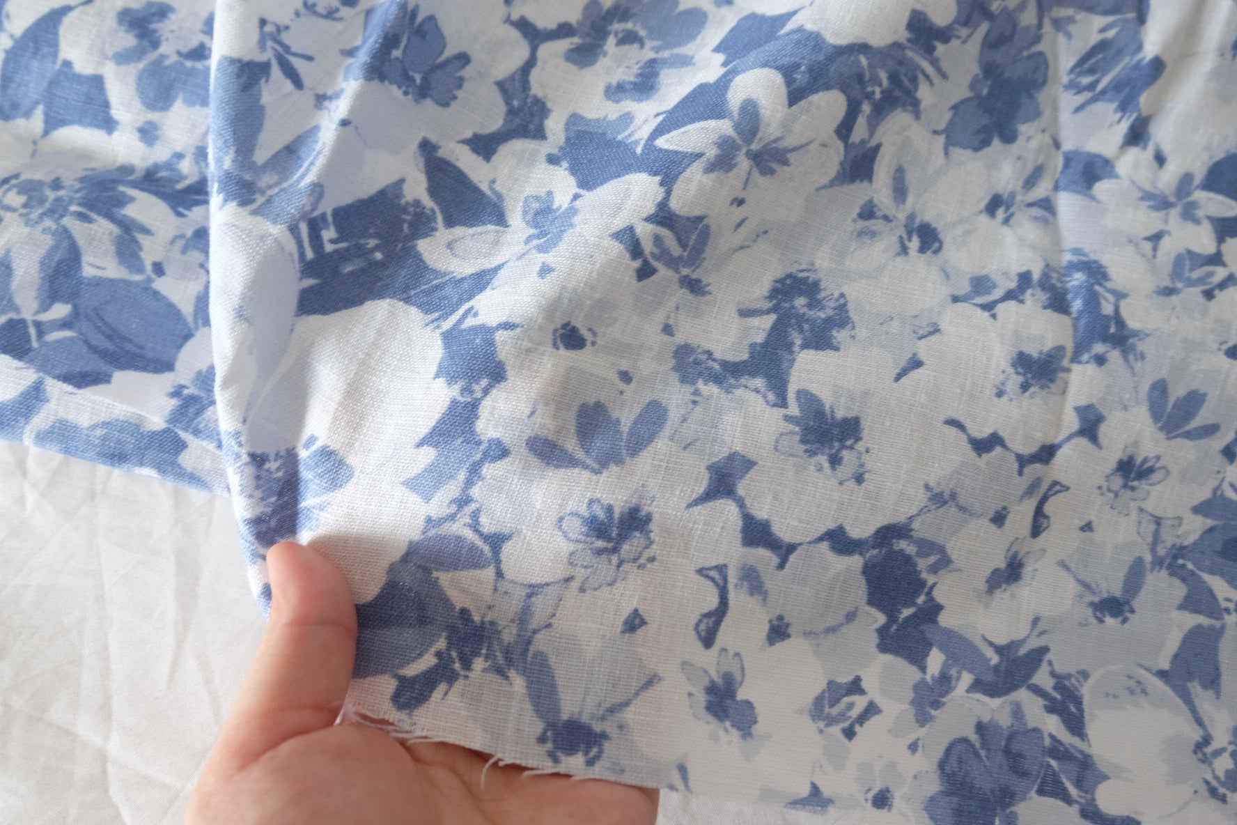 Blue Watercolor Floral Pure Linen Fabric – 2.1 yd