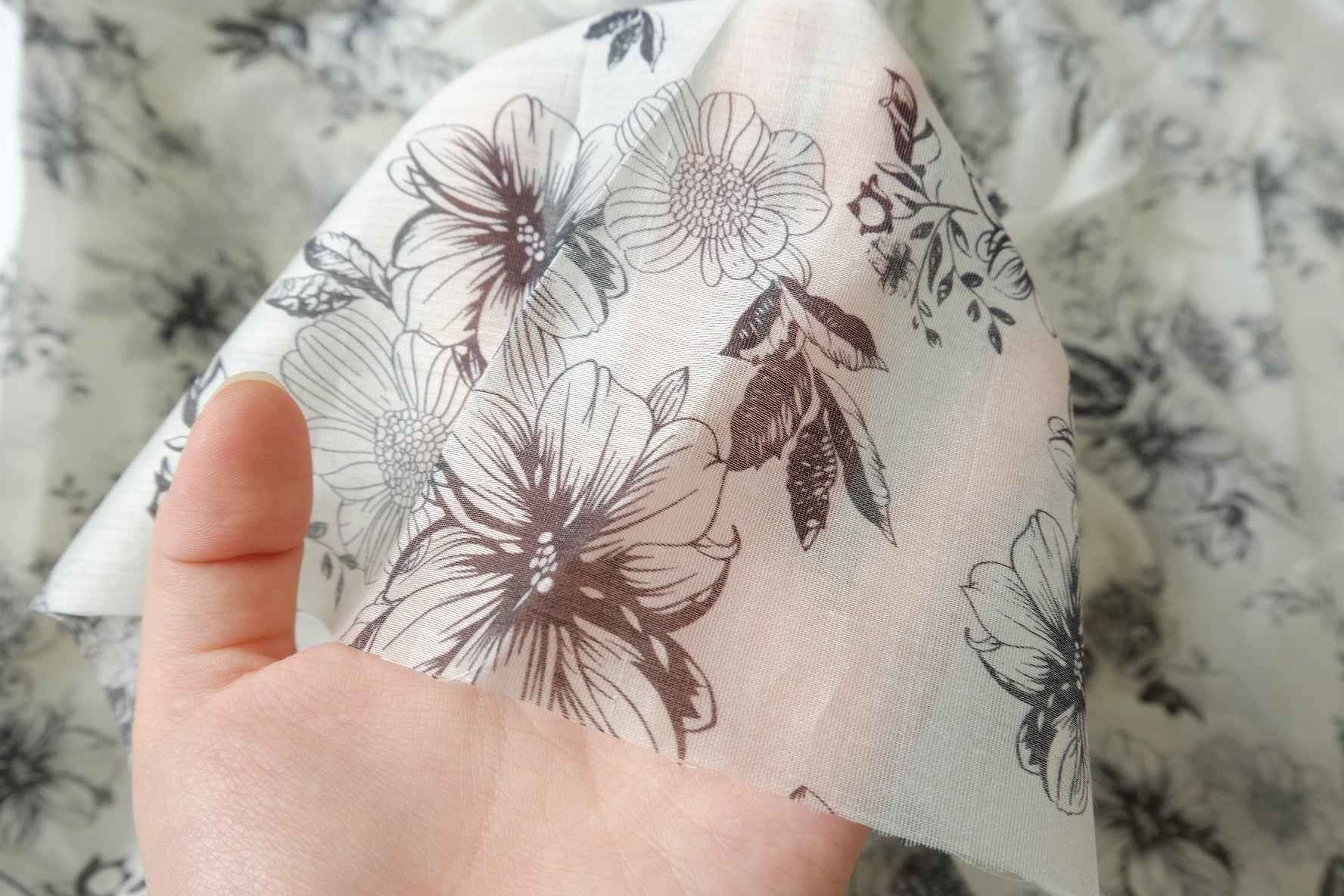 Sheer Pure Tencel Floral Fabric, Black and Ivory Sketch Print, 3.28 Yards