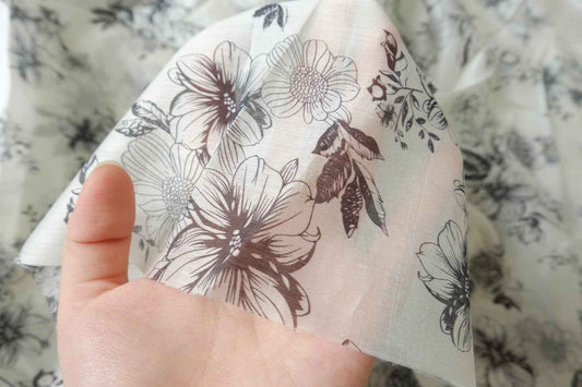 Sheer Pure Tencel Floral Fabric, Black and Ivory Sketch Print, 3.28 Yards