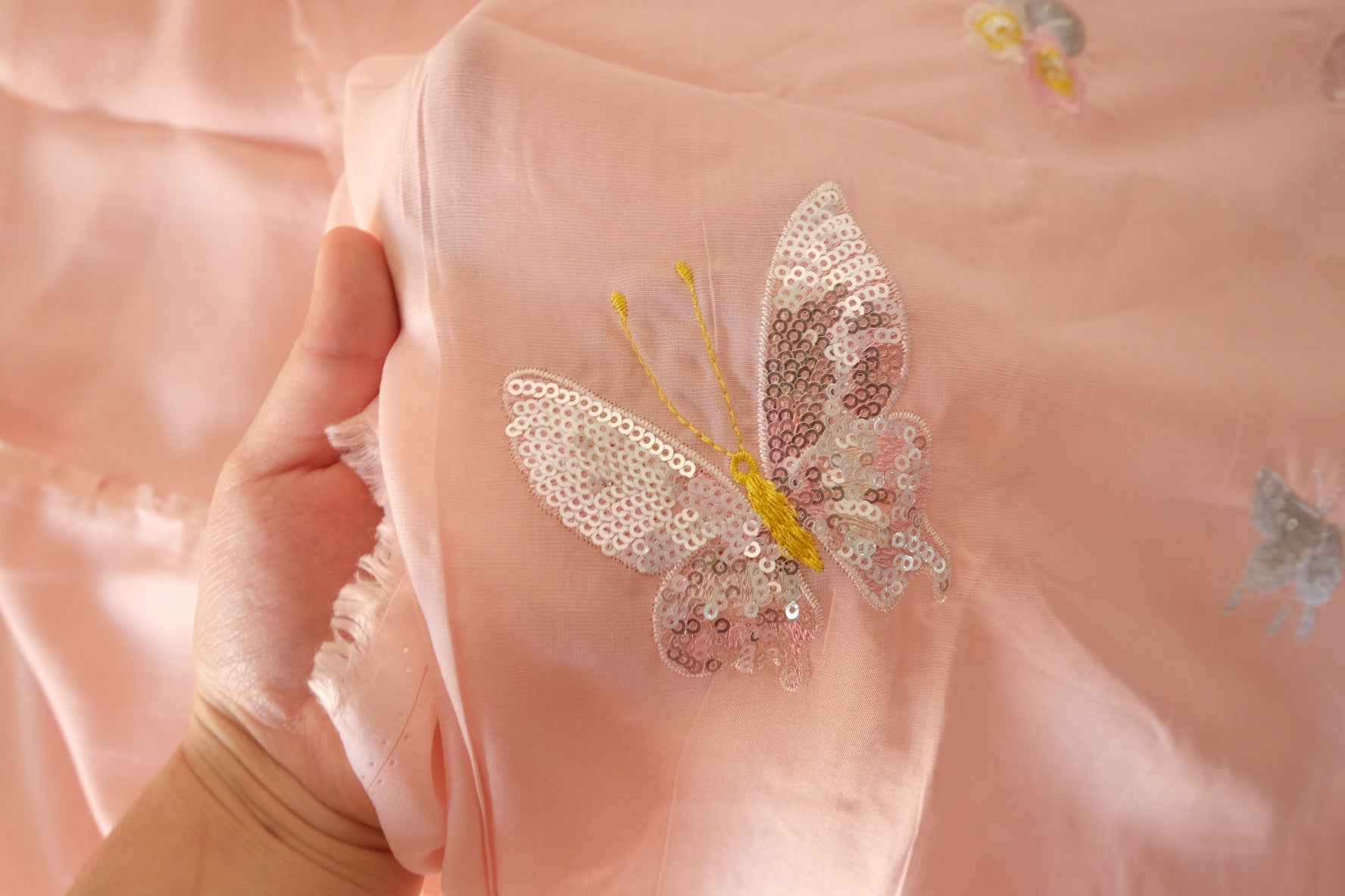 Blush Pink Butterfly Sequin Embroidered Tencel Fabric – 2.2 yd