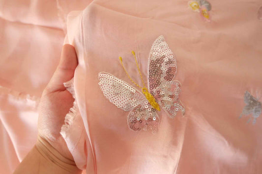 Blush Pink Butterfly Sequin Embroidered Tencel Fabric – 2.2 yd