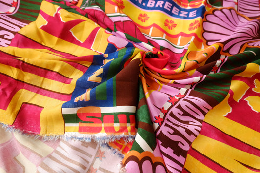 Vintage Resort Graphic Rayon Fabric, Bold Multicolor Print, 3.3 Yards