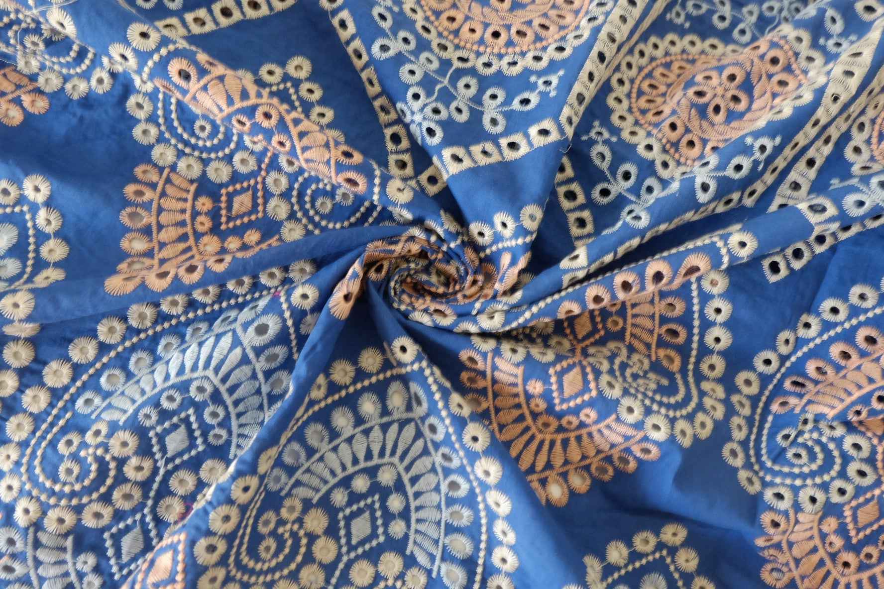 Heavy Embroidered Cotton Fabric – Blue Geometric Boho Design – 3.1 yd