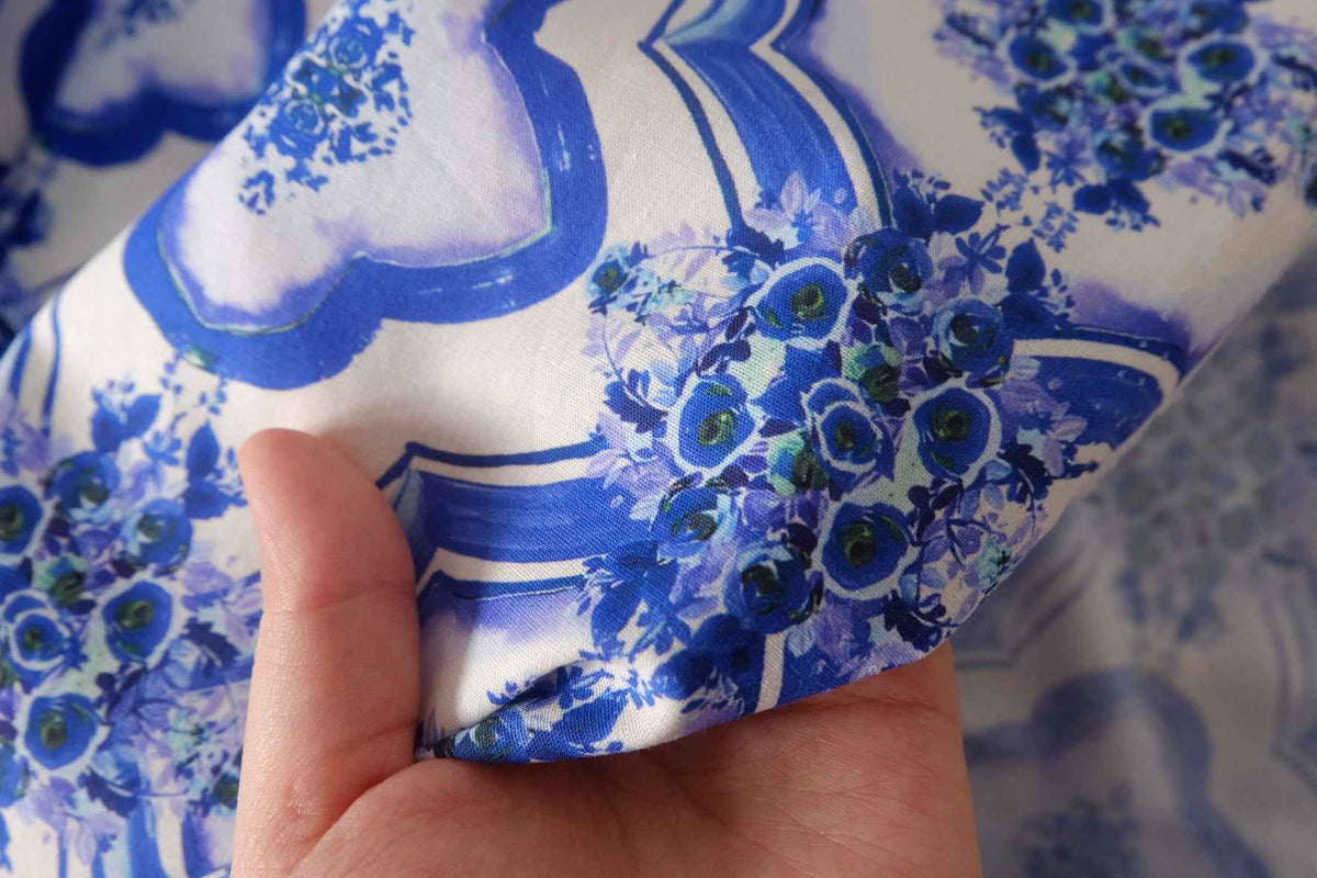 Blue Floral Tile Cotton Poplin — 3.28 yd
