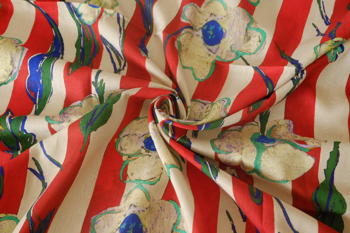 Red Stripe Painterly Floral Linen Cotton – 2.2 yd / 1.6 yd