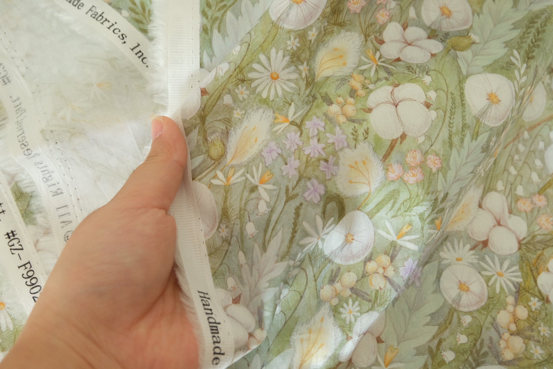 Sage Botanical Floral Cotton Sateen Fabric – Soft Green Garden Print – 1.6 yd
