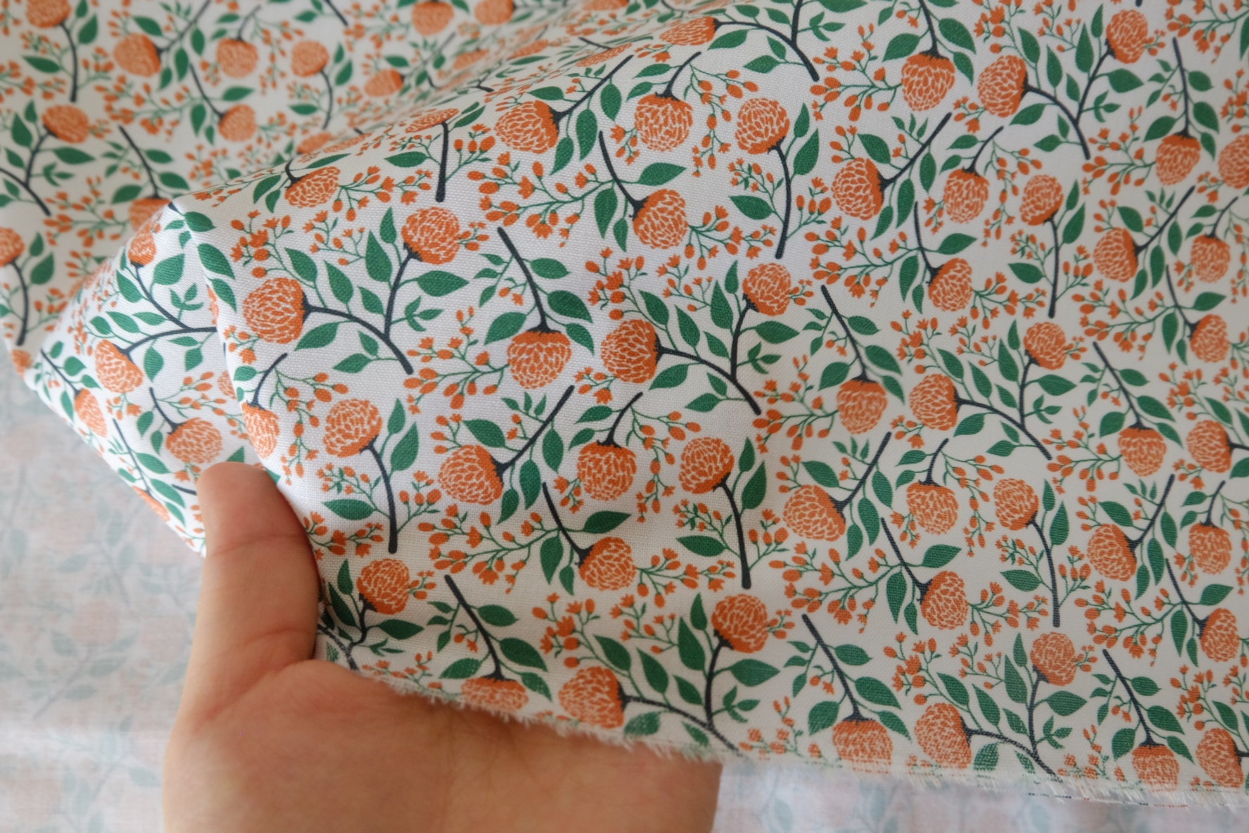 Orange Floral Berry  Branch Cotton Fabric - 2.2 yd