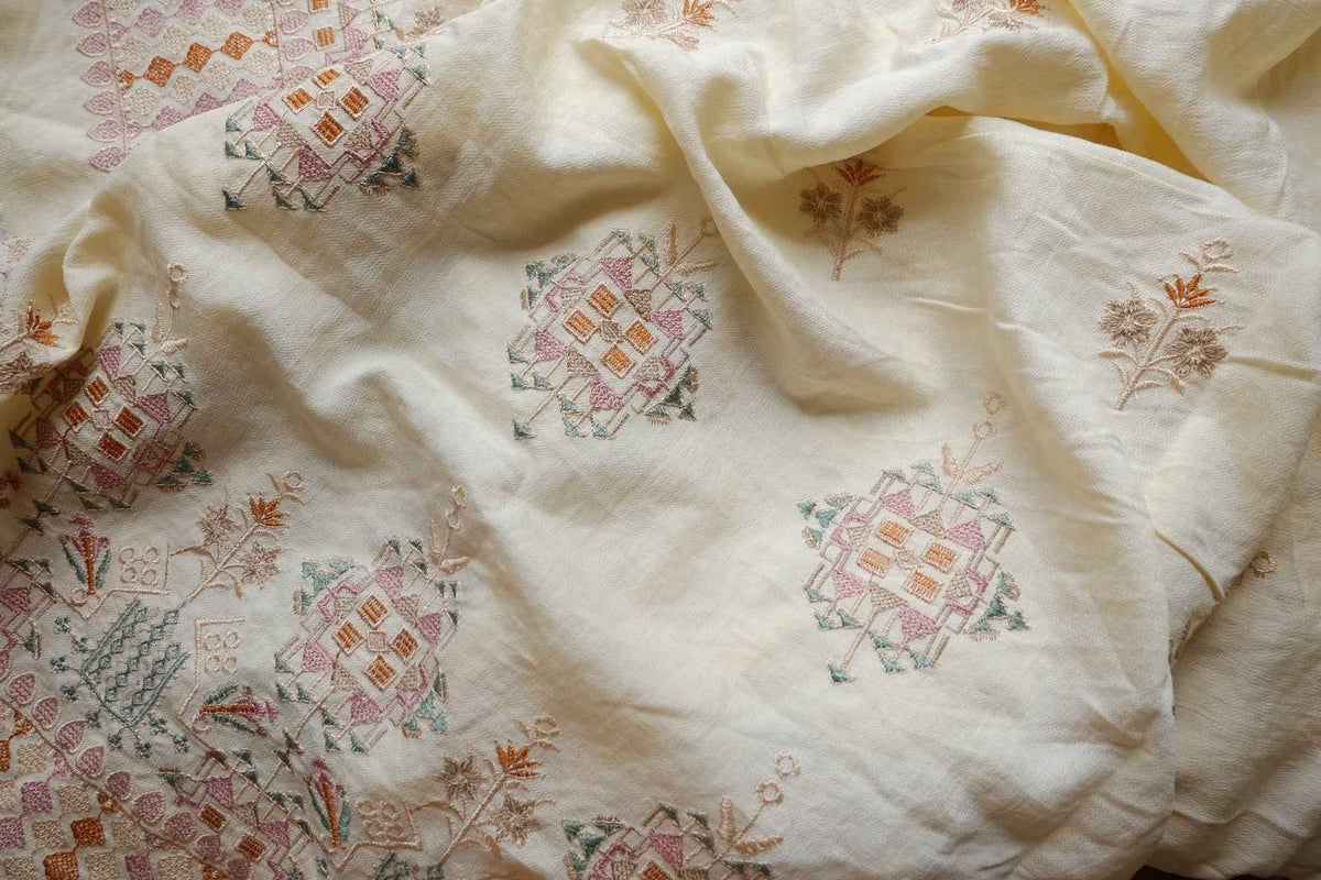 Ivory Heavy Border Embroidered Tencel Nylon — 2.5 yd