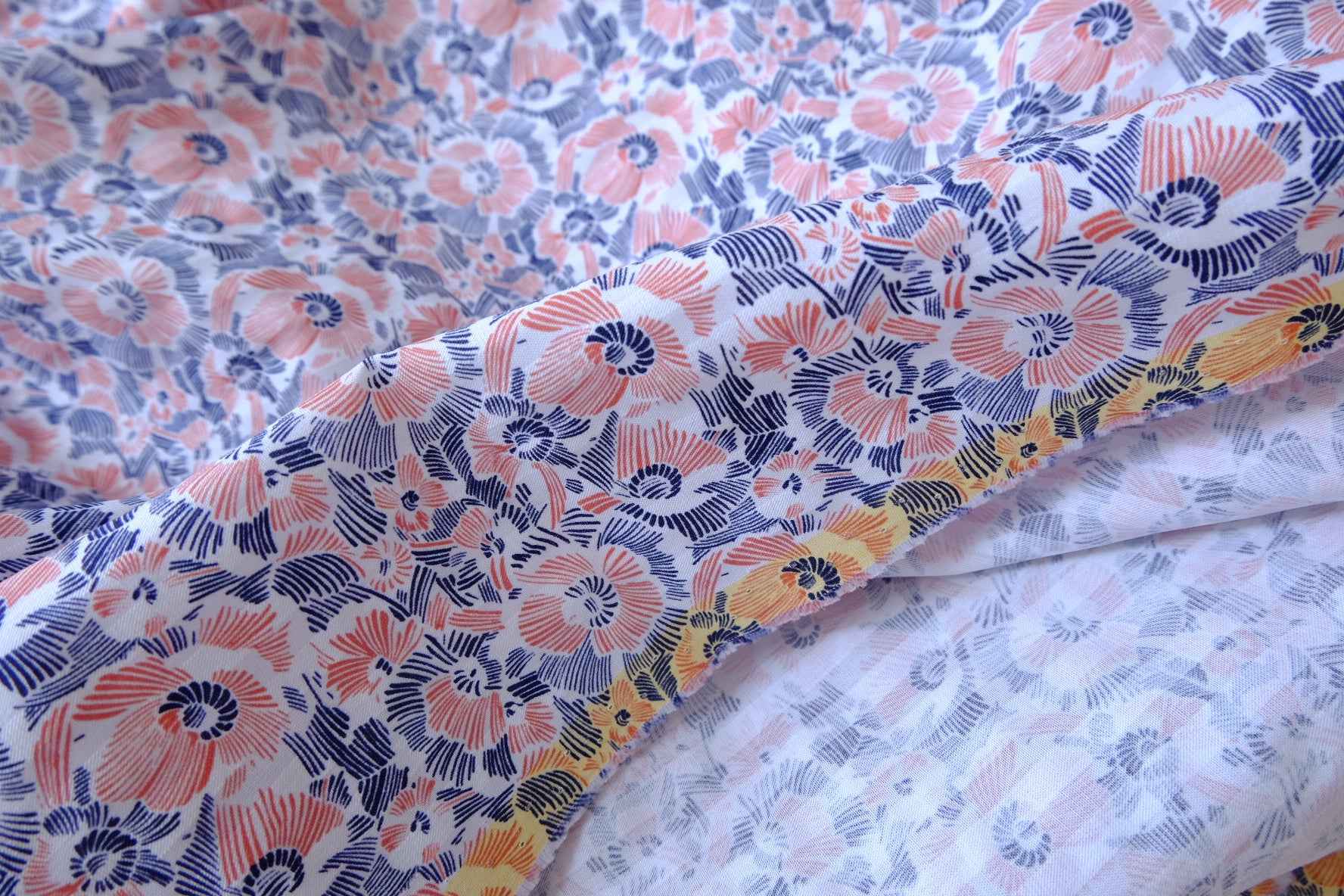 Cotton Poplin Floral Fabric, Pink and Blue Abstract Bloom Print, 2.19 Yards