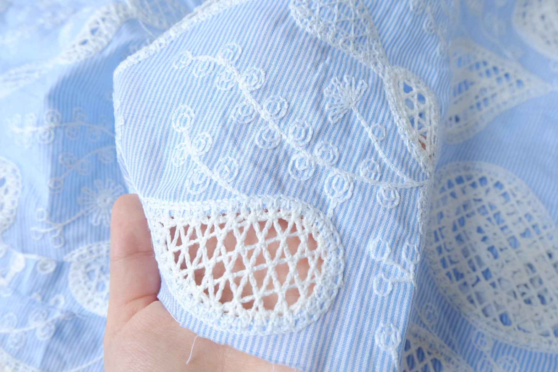Yarn-Dyed Striped Cotton with Cutwork Embroidery, Blue and White, 2.08 Yards