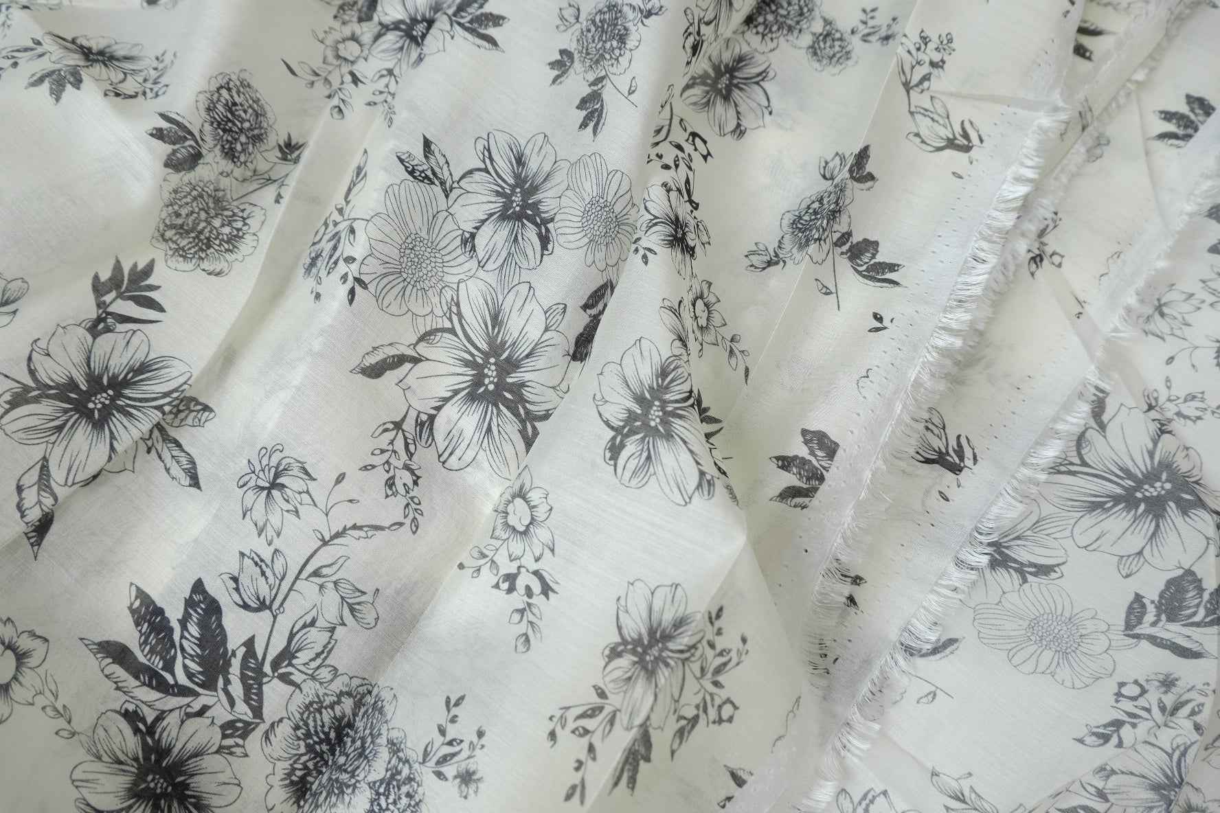 Sheer Pure Tencel Floral Fabric, Black and Ivory Sketch Print, 3.28 Yards