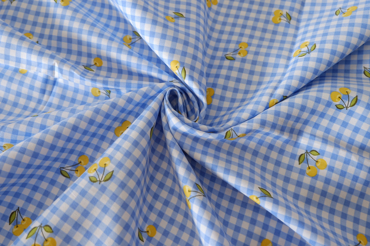 Little Golden Cherries Blue Gingham Cotton Poplin – 2.7 yd